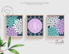 three framed canvases with flowers and monogrammed letters