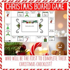 a christmas board game with gingerbreads and candy canes in the background, which reads who will be the first to complete their christmas checklist?