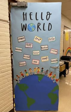 a bulletin board with the words hello world written on it