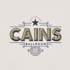 the logo for gains ballroom is shown in black and white, with gold lettering on it