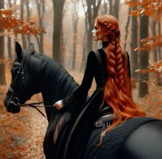 a woman with red hair riding on the back of a black horse in a forest