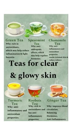 Natural Tips For Clear Skin, Tea Uses Benefits Of, Tea And Its Benefits, Tea For Skin Acne, Teas That Are Good For Skin, Clear Skin Herbs, Teas And What They Help With, Drinks For Better Skin, Best Teas For Clear Skin