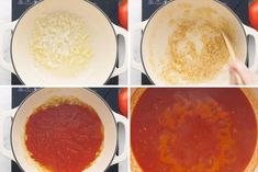 four pictures show how to make tomato sauce in a pot and then add the other ingredients