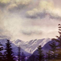 a painting of snow covered mountains with trees in the foreground and clouds in the background