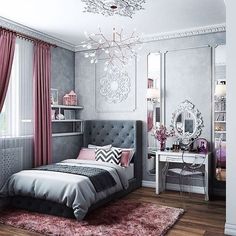 a bedroom decorated in pink and grey tones