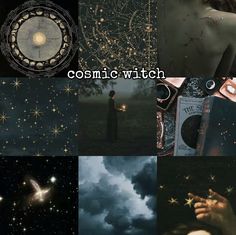 collage of images with the words cosmic witch written in white and gold on them