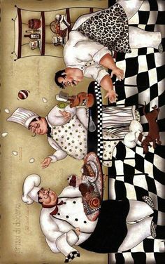 an image of three chefs laying down on the floor in front of a checkerboard background