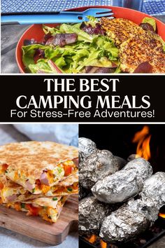 A collage of the best camping meals. Text overlay: The best camping meals for stress-free adventures! Ideas For Camping Meals, Camp Meals For Two, Over The Fire Meals, Campground Recipes, Meal Prep For Camping, Rv Meals Ideas, Crockpot Camping Meals, Camping Meals For A Crowd, Camping Soup