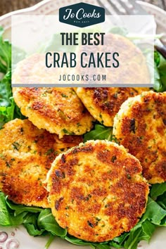 crab cakes on a plate with lettuce leaves and the words, the best crab cakes