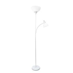 a white floor lamp with two lights on each side and one light on the other