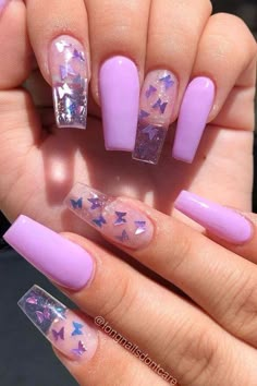 Pink And Purple Nails, Clear Nail Designs, Blue Acrylic Nails, Clear Nail, Colorful Nails