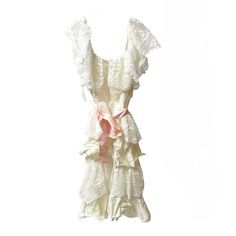 This is the perfect vintage children's dress for special occasions or photo shoots. Crafted from layers of delicate white lace, and white polyester fabric, this dress exudes timeless charm and elegance. The off-the-shoulder design adds a touch of whimsy, while the pink satin belt provides a pop of color and a perfect fit. The skirt is beautifully layered, creating a full and graceful silhouette. A convenient zipper closure at the back ensures easy dressing. It has it's original tag inside which reads  "size 3/4, $79" and the label in the neckline reads, "100% acetate lace, 100% polyester, made in USA"  ...so cute!! Condition: Great vintage condition, never worn and still has tag.  There are discoloration spots on a few places on the lace which we have not tried to remove or wash. Otherwise Cream Ruffled Lace Dress For Baptism, Cream Lace Ruffle Dress For Baptism, White Fitted Ruffled Vintage Dress, Fitted White Vintage Dress With Ruffles, White Fitted Vintage Dress With Ruffles, Spring Fitted Lace Dress For First Communion, Fitted Lace Dress For First Communion In Spring, Spring First Communion Fitted Lace Dress, Lace Victorian Dress With Ruffles For Vintage Events