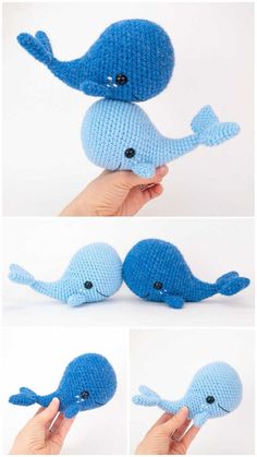 crocheted whale stuffed animal is shown in three different views