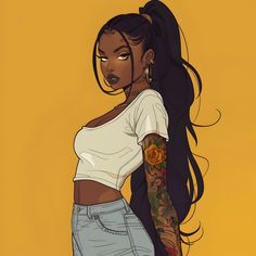 a drawing of a woman with tattoos on her arms and shoulder, standing in front of a yellow background