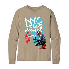 Outfit your superhero with this cool Spiderman Miles Morales graphic t-shirt designed for little and big boys. It's made from a jersey cotton-blend with a regular-fit cut, a classic crew neckline, and long sleeves. Team it with jeans and sneakers for everyday adventures. Character: SpidermanClosure Type: Pullover HeadFit: Regular FitNeckline: Crew NeckSleeve Length: Long SleeveFiber Content: 60% Cotton, 40% PolyesterFabric Description: JerseyCare: Tumble Dry, Machine WashCountry of Origin: Impor Cartoon Print Tops For Streetwear Fan Apparel, Superhero Character Print T-shirt For Streetwear, Superhero Graphic T-shirt For Streetwear, Superhero Graphic Crew Neck Top, Superhero Crew Neck Top With Letter Print, Superhero Crew Neck Top With Screen Print, Superhero Screen Print Crew Neck Top, Superhero Cotton Tops For Streetwear, Superhero Crew Neck Top With Graphic Print