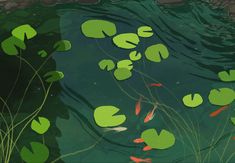 an image of fish in the water with lily pads