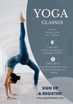 a woman doing yoga poses in front of an advertise for the yoga classes