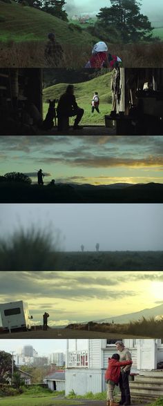 two different shots of people standing in the grass