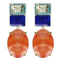 These vibrant Bounkit earrings in two tones of blue with contrast Spiny Oyster removable drop, are an elegant adornment to your ears. You also have the option to wear them without the drop for an everyday casual look.  Stones: Blue Quartz, Lapis & Orange Seashell  Material: 14K Gold Plated over 925 Sterling Silver  Dimensions: 2 1/2" x 3/4" White Veil, Interchangeable Earrings, Seashell Earrings, Customizable Jewelry, Garnet Earrings, Spiny Oyster, Jewelry Lookbook, Lemon Quartz, Blue Quartz