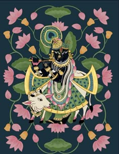 the god is sitting on top of a cow in front of pink flowers and leaves