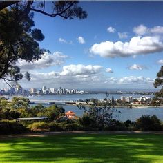 the city skyline is seen from across the water in this beautiful park area with lush green grass and blue skies