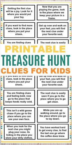 printable treasure hunt clues for kids to use in the classroom or on the wall