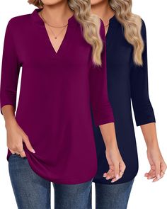 PRICES MAY VARY. Comfortable Material: the women's summer tunic top is made of 95% rayon, 5% spandex, soft, breathable and lightweight, the fabric is very smooth and feels comfortable on skin, which keeps you dry and comfortable during hot summer; Enjoy the joy of daily life and exercise Flattering Design: the ladies' 3/4 sleeve shirt is a classic cut, subtle, sleek hour glass shape neckline, the fabric is soft, flexible, and drapes beautifully, shows your confidence and charming appearance with Business Casual Tops For Women Summer, Pink 3/4 Sleeve Top For Work, Red 3/4 Sleeve Blouse For Spring, Purple 3/4 Sleeve Tops For Spring, Womens Work Shirt, Women Work Blouse, Baby Cardigan Pattern Crochet, Pink Relaxed Fit Top With 3/4 Sleeves, Tunic Tops Summer