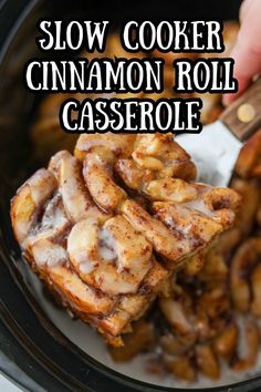 slow cooker cinnamon roll casserole with text overlay