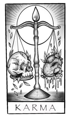 a black and white drawing of two skulls on a scale with the words karma above them