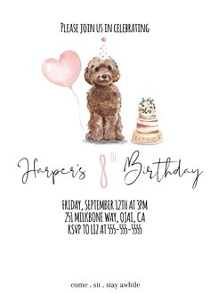 a birthday party flyer with a dog and cake on the front, in black and white