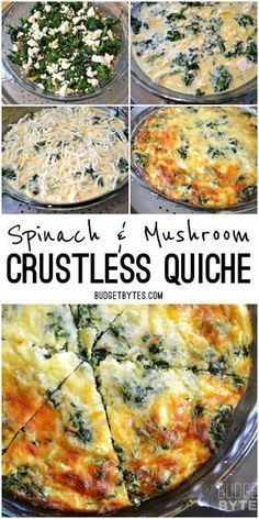 spinach and mushroom crustless quiche is shown in four different pictures with the title above it