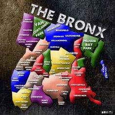 the bronx neighborhood map is shown in multicolored colors and includes many different locations