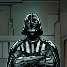 a darth vader is standing in front of a door with his arms crossed