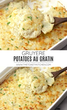 two images show how to make gruyre potatoes in a casserole dish