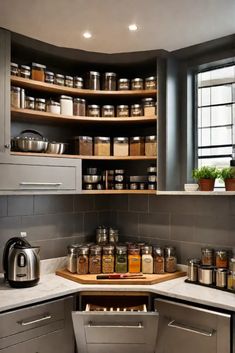 a kitchen filled with lots of different types of spices and containers on the counter top