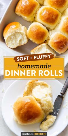 soft and fluffy homemade dinner rolls on a white plate with a buttered roll in the middle