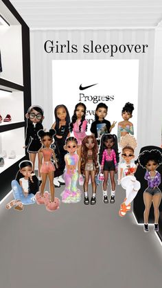 a group of dolls standing in front of a store window with the caption girls sleepover