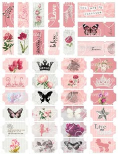 pink flowers and butterflies are arranged in the shape of hearts