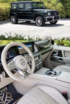 the inside and outside view of a mercedes g - class car, which is black with white trim