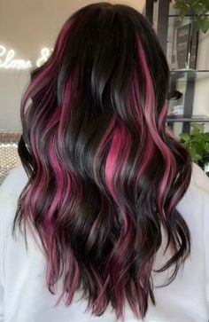 Pink Peekaboo Hair Highlights, Red Tips For Hair, Highlights Back Hair, 2023 Colorful Hair, Highlights Of Color In Hair, Hair Color For Teens Girl, Peekaboo Hair Color On Dark Hair, Brown Hair With Peek A Boo Highlights, Peekaboo Hair Color For Black Hair