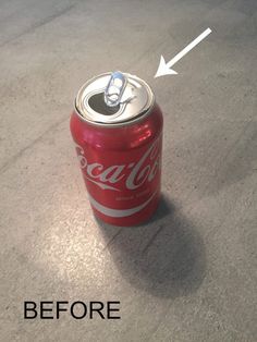 a coca - cola can with an arrow pointing to the bottom that says, before and after