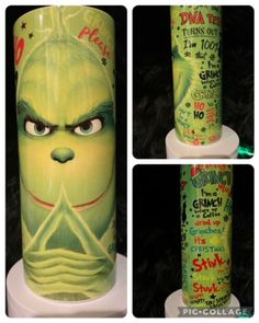 there are three pictures of the grin face on this tall vase, which has been painted green and red