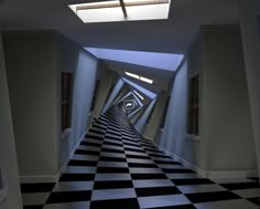 an empty hallway with black and white checkered flooring on both sides, leading up to the skylight