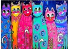 four colorful cats are standing together in the night sky, with stars and swirls all around them