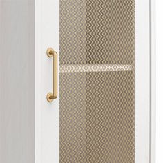 a white door with a gold handle and mesh screen on the front doors side by side