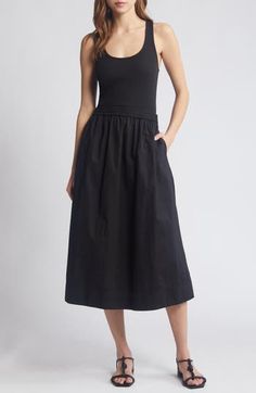 Get the polished look of separates in one easy piece with this scoop-neck dress that pairs a ribbed tank with a woven midi skirt. 48" length (size Medium) Slips on over head Scoop neck Sleeveless Unlined 95% organic pima cotton, 5% elastane Machine wash, tumble dry Made in Peru Black Midi Dress For Work, Chic Black Midi Dress, Summer Workwear Ribbed Midi Dress, Summer Ribbed Midi Dress For Work, Casual Midi Workwear Dresses, Casual Midi Skirt Dresses For Work, Solid Color Midi Length Dress With Relaxed Skirt, Solid Color Midi Dress With Relaxed Skirt, Chic Scoop Neck Midi Dress