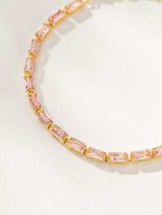 Our Pink Luster Bracelet is exactly what your collection has been missing. Crafted with baguette stones, this pink bracelet effortlessly pairs with all your gold jewelry and all of our other pink styles. For a monochromatic look, style with our Fantasy Drop Earrings. | Gold and Pink Luster Baguette Stone Bracelet | Women's Jewelry by Uncommon James Baguette Bracelet, Gift Exchange, Pink Bracelet, Jewelry Cleaner, Cleaning Jewelry, Stone Bracelet, Pink Fashion, Womens Jewelry Bracelets, Pink And Gold