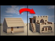 an image of a house in minecraft with a red arrow pointing to the front