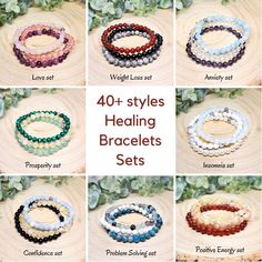 Explore this stunning collection of Healing Crystal Bracelet Sets! Choose from more than 40+ styles, thoughtfully designed to address a variety of needs, including love, confidence, energy protection, success and prosperity, support for moms-to-be and many more. Each beaded bracelet set is a combination of three unique crystal bracelets, carefully chosen for their powerful healing properties. Together they form a harmonious and effective combination. These healing jewelry sets are perfect for gi Most Popular Beaded Bracelets, Crystal Bracelet Combinations, Crystal Healing Bracelets Meaning, Beaded Gemstone Bracelets, Gemstone Bracelets Ideas, Crystal Bracelet Ideas, Crystal Bracelets Healing, Elegant Crystal Jewelry, Crystal Combinations