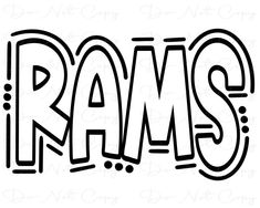 the word rams written in black and white